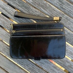 HOBO Black Leather Wristlet with Gold Accents